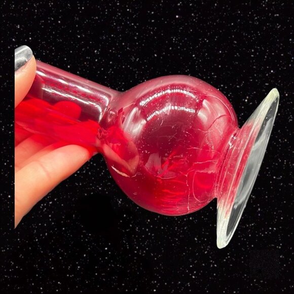 Art Glass Vase Crackle Bottom Ruby Red Ruffled Top Clear Bottom Glass 8”T 3.25”W - Picture 5 of 9